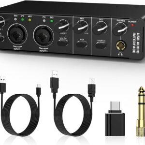 USB Audio Interface Sound Card RHM 2 In 2 Out Audio Interface Sound Board with 48V Phantom Power for Recording Audio