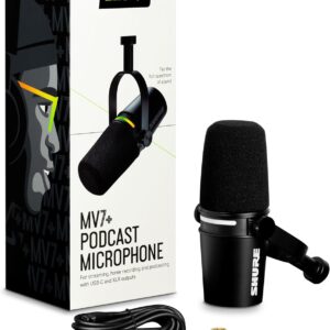 Shure MV7+ Podcast Dynamic Microphone. OBS Certified, Enhanced Audio, LED Touch Panel, USB-C & XLR Outputs, Auto Level Mode, Digital Pop Filter, Reverb Effects, Podcasting, Streaming, Recording -Black